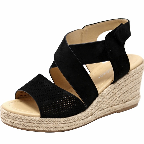 Black Strappy Espadrille Platform Wedge Sandals - Picture 1 of 2